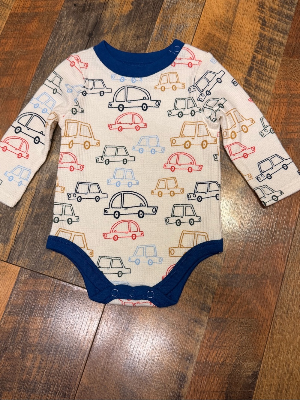 Garanimals Cream Car Print Long-Sleeve One-Piece with Navy Trim